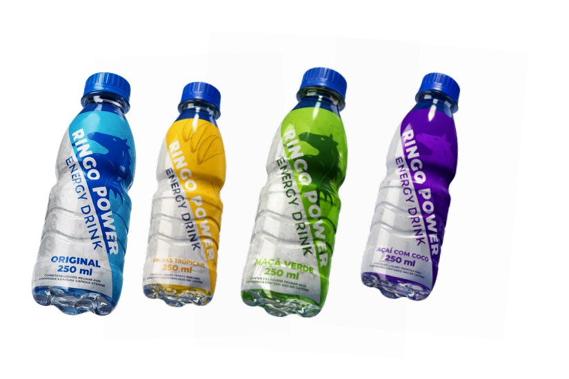 Quatro energéticos Ringo Power: Original, Frutas Tropicais, Maçã Verde e Açaí com Coco